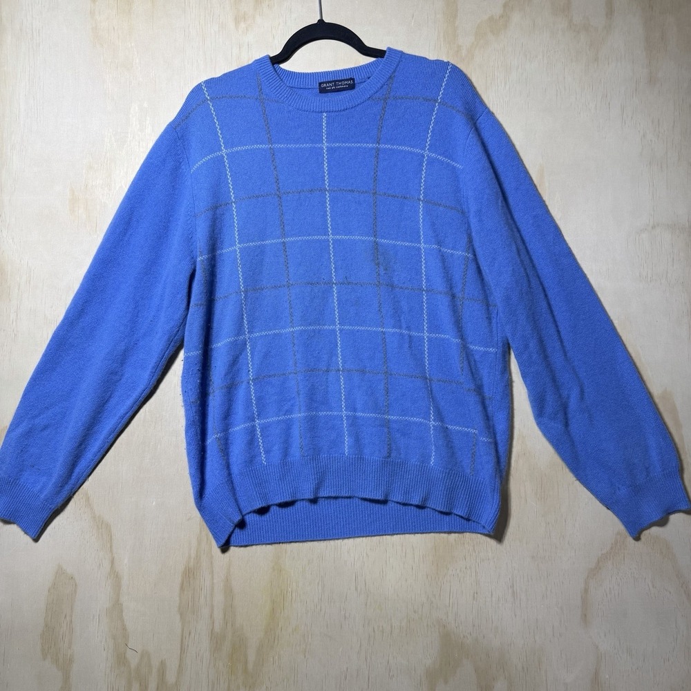 Grant Thomas 100% Cashmere Sweater XL Blue Windowpane Plaid Crewneck Soft